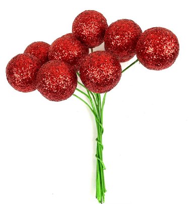 Boule de Noel rouge pailletée sur pique x 10 