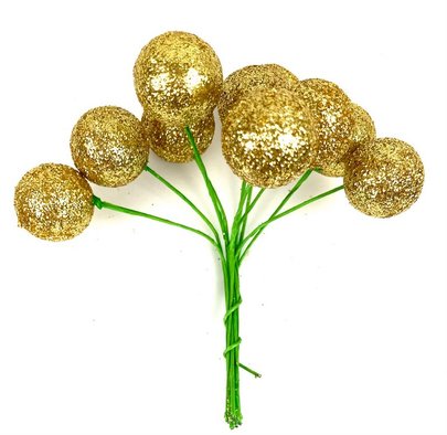 Boule de Noel or pailletée sur pique x 10 