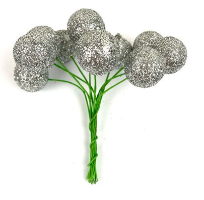 Boule de Noel argent pailletée sur pique x 10 