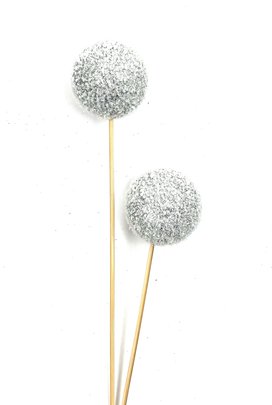 Boule sur pique Argent pailleté enneigé x 2