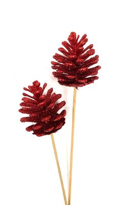 Pomme de pin pailleté sur pique Rouge x 2
