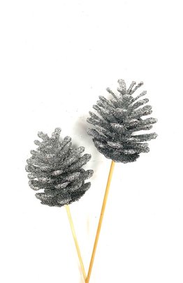 Pomme de pin pailleté sur pique Argent x 2