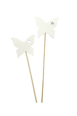 Papillon blanc en bois x2 sur pique.