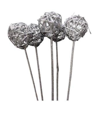 Boule en Osier sur tige Argent Pailleté x5