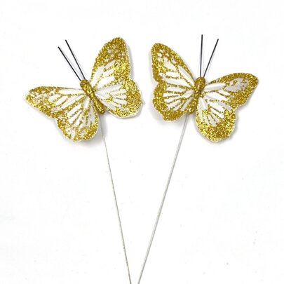 Papillons or pailleté sur tige x 2