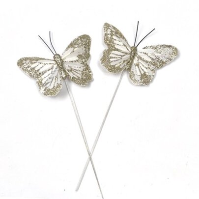 Papillons or clair pailleté sur tige x 2